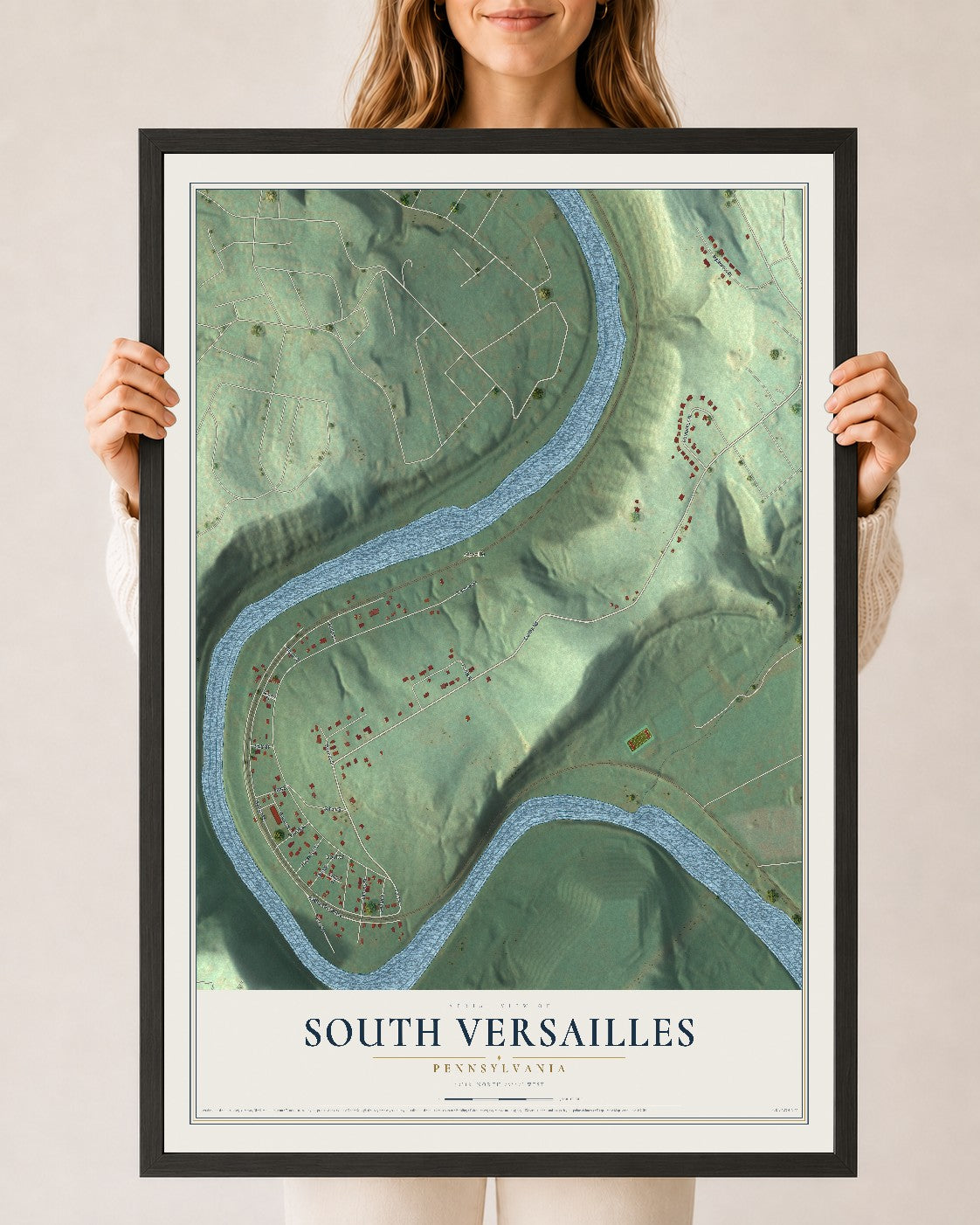 Map of South Versailles, Pennsylvania, 24 x 36 inch print in a black wood frame