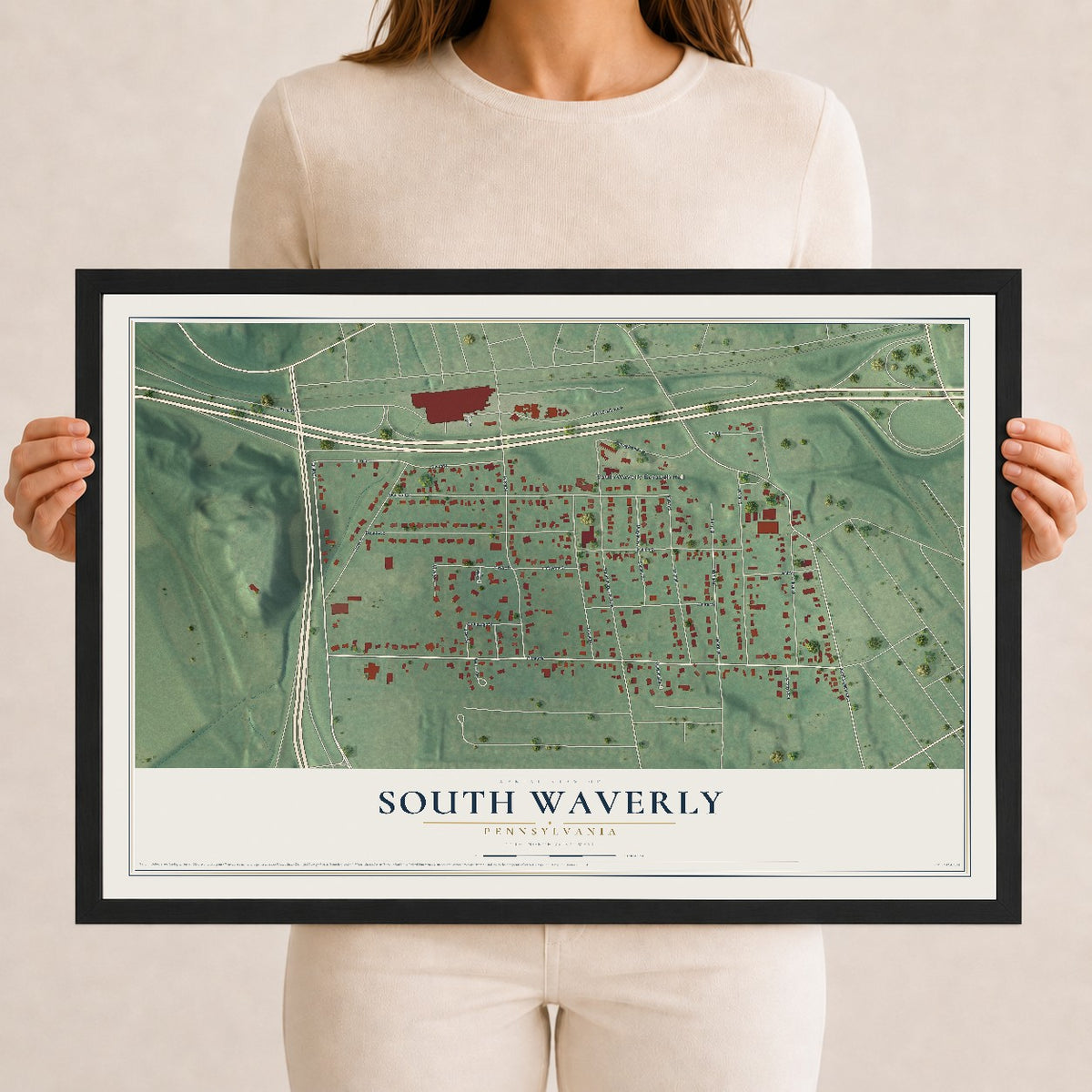Map of South Waverly, Pennsylvania, 12 x 18 inch print in a black wood frame