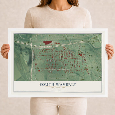 Map of South Waverly, Pennsylvania, 12 x 18 inch print in a white wood frame