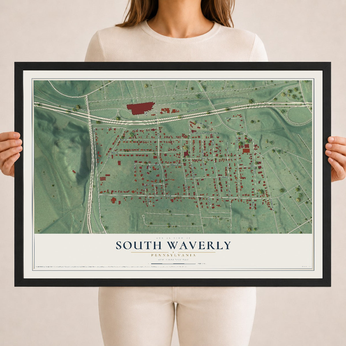 Map of South Waverly, Pennsylvania, 18 x 24 inch print in a black wood frame
