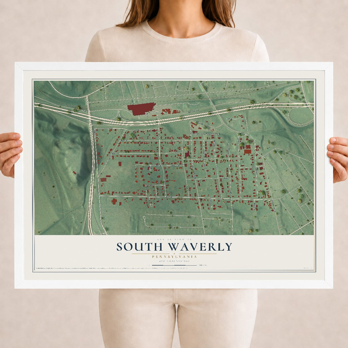 Map of South Waverly, Pennsylvania, 18 x 24 inch print in a white wood frame