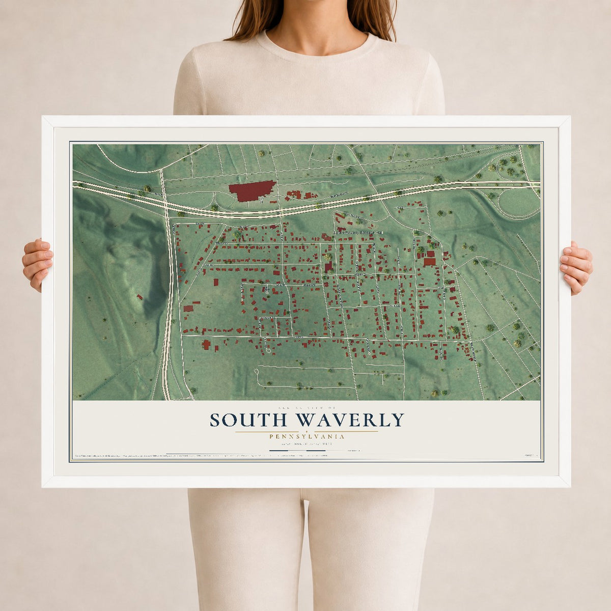 Map of South Waverly, Pennsylvania, 24 x 36 inch print in a white wood frame