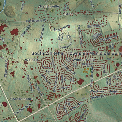 Close-up of the map of South Whitehall, Pennsylvania print showing street and building detail