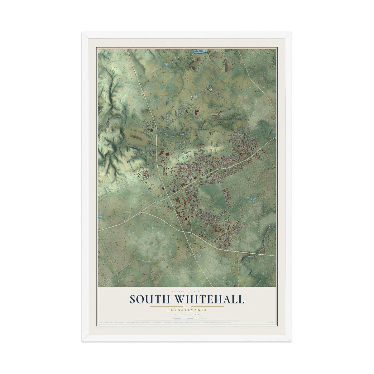 Map of South Whitehall, Pennsylvania, 12 x 18 inch print in a white wood frame