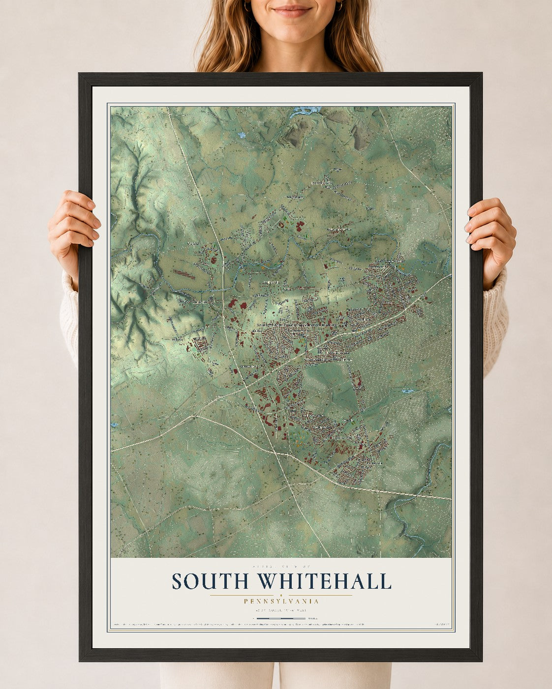 Map of South Whitehall, Pennsylvania, 24 x 36 inch print in a black wood frame