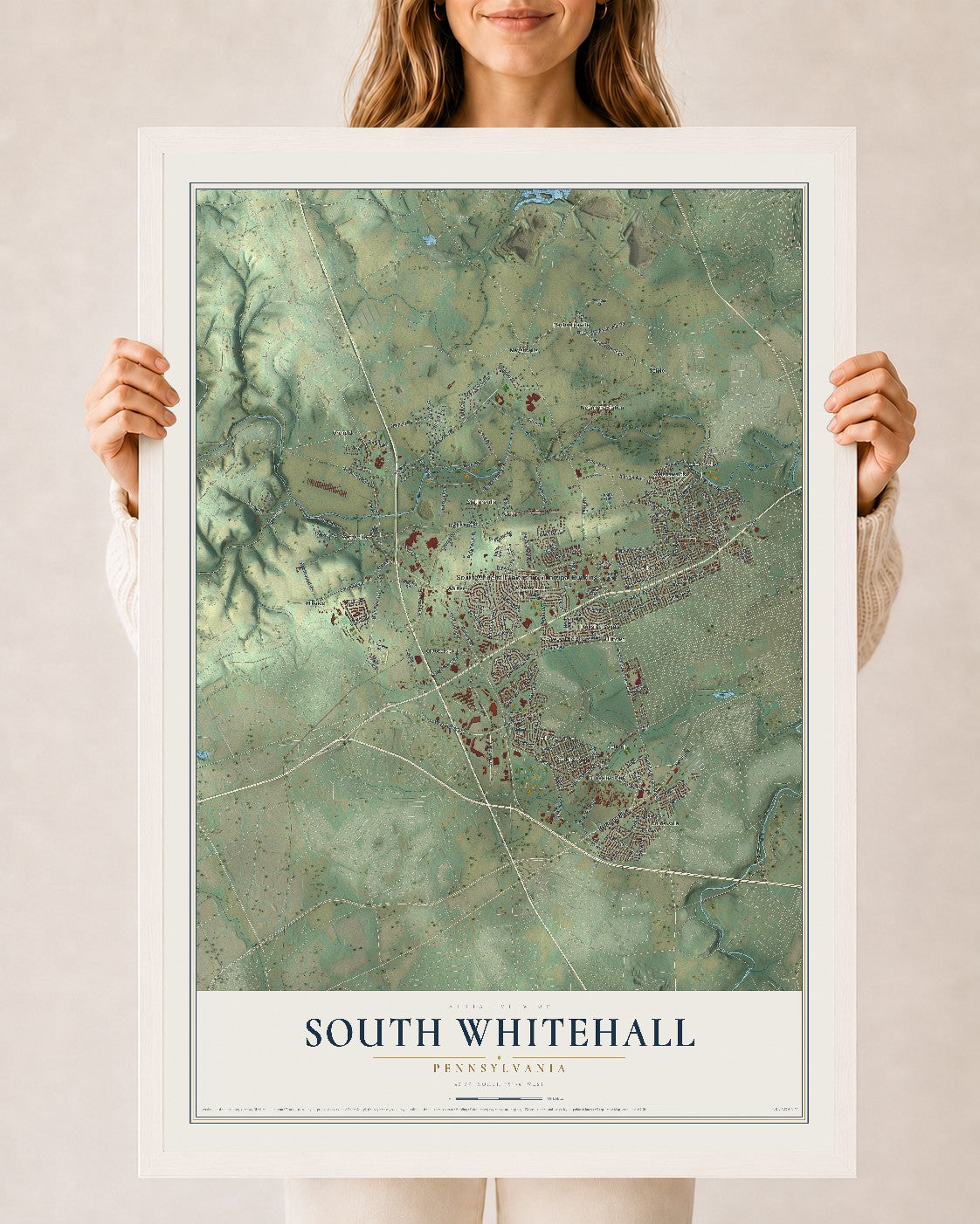 Map of South Whitehall, Pennsylvania, 24 x 36 inch print in a white wood frame