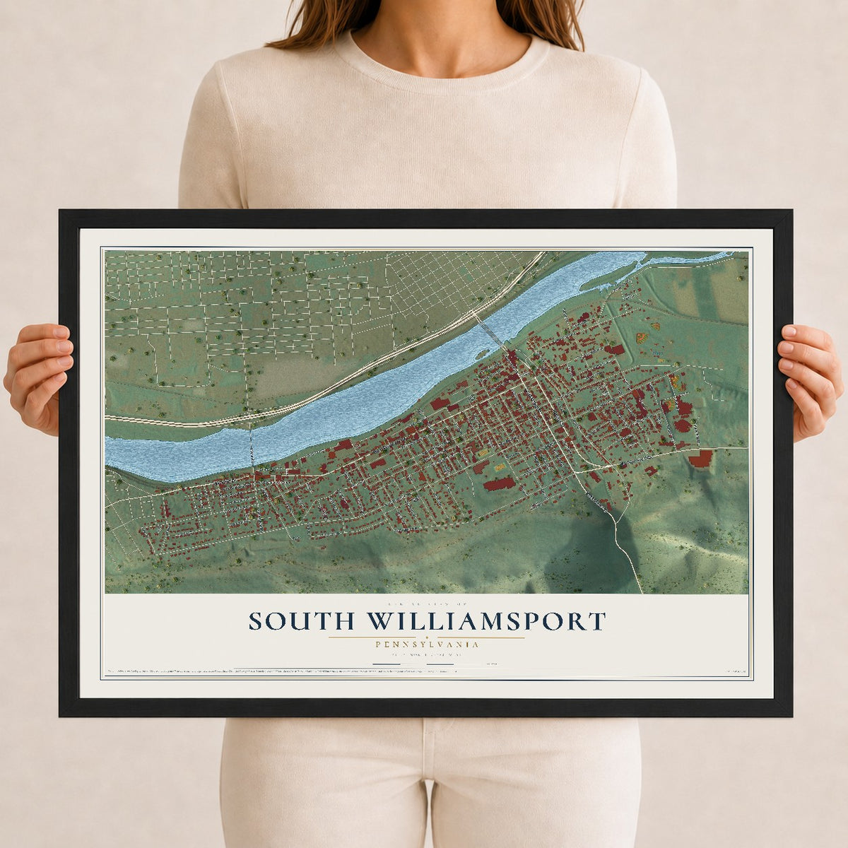 Map of South Williamsport, Pennsylvania, 12 x 18 inch print in a black wood frame