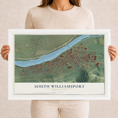 Map of South Williamsport, Pennsylvania, 12 x 18 inch print in a white wood frame