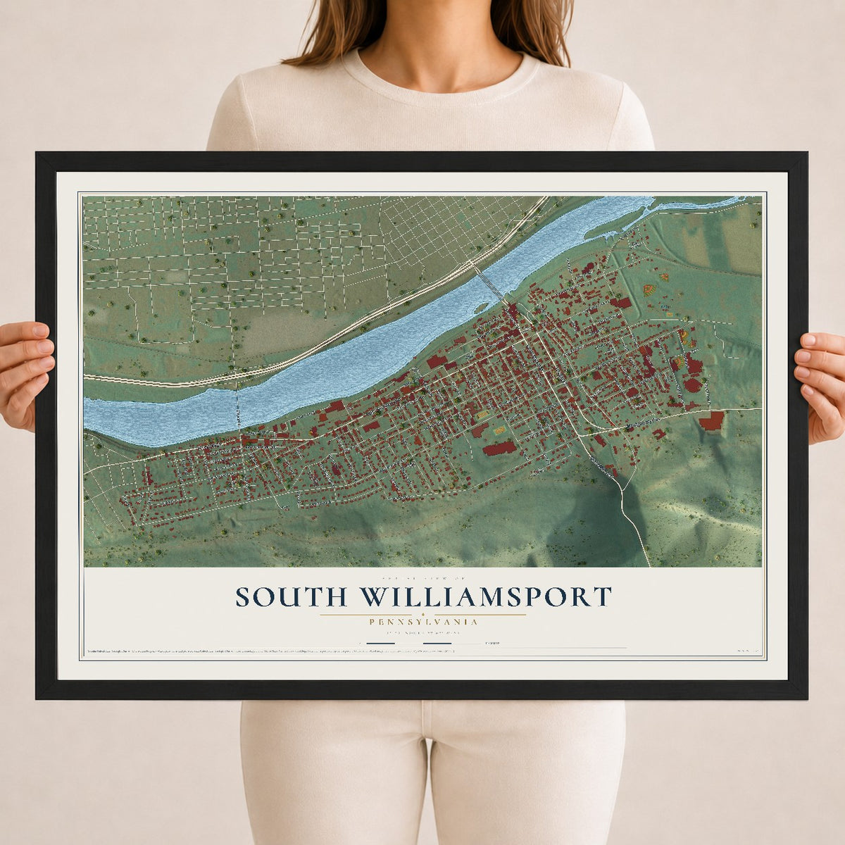 Map of South Williamsport, Pennsylvania, 18 x 24 inch print in a black wood frame