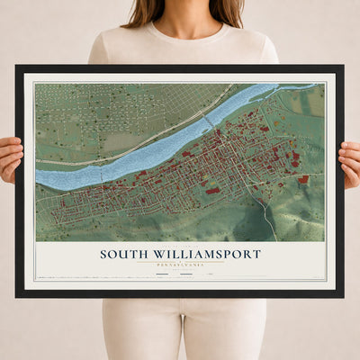 Map of South Williamsport, Pennsylvania, 18 x 24 inch print in a black wood frame