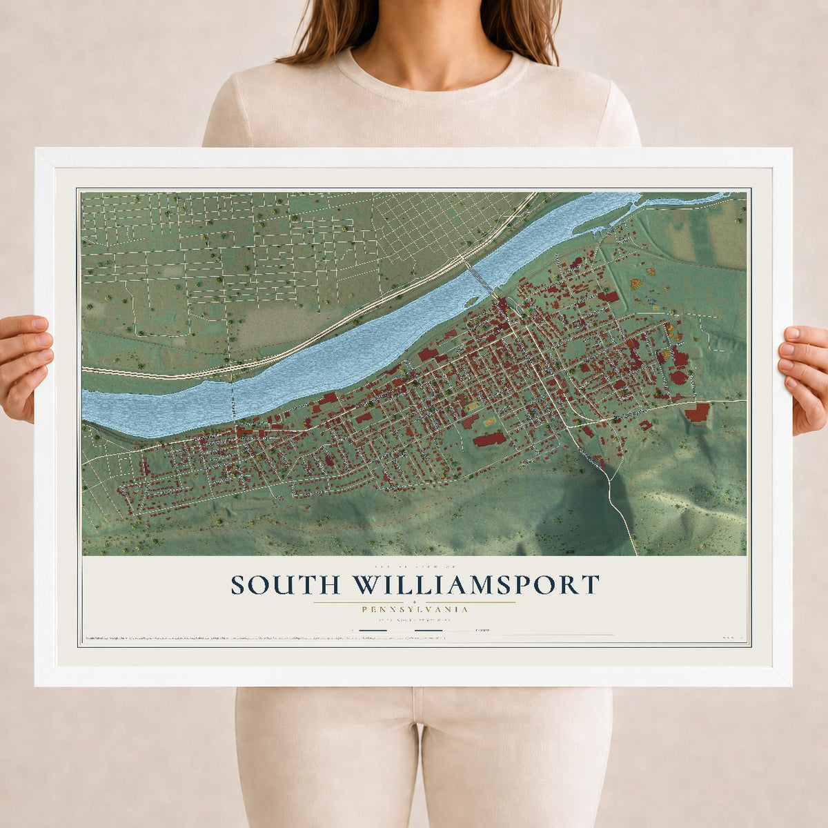 Map of South Williamsport, Pennsylvania, 18 x 24 inch print in a white wood frame