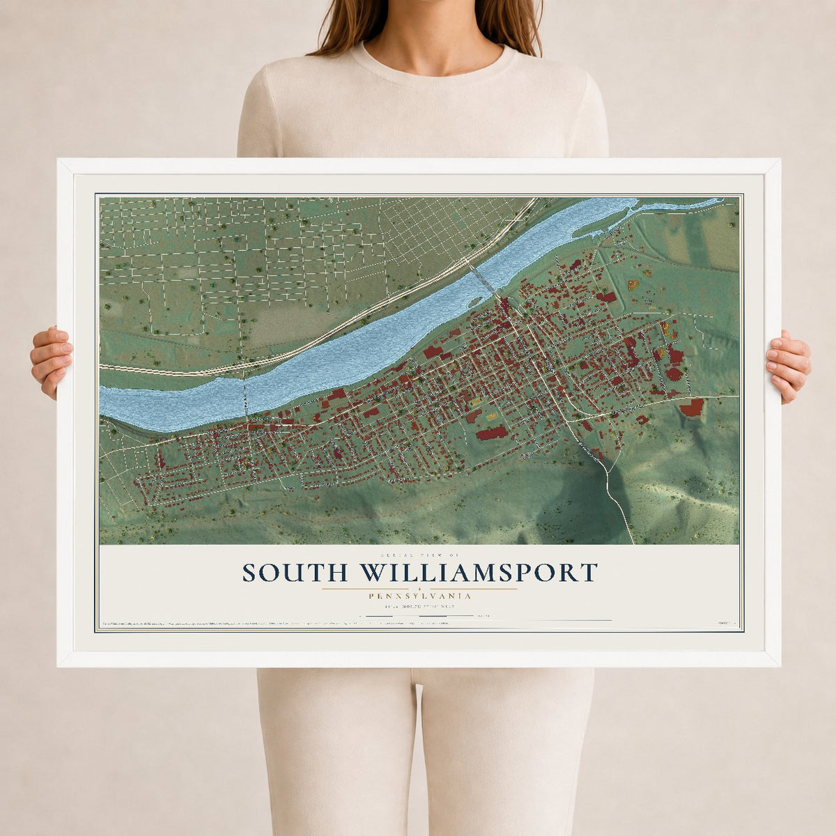 Map of South Williamsport, Pennsylvania, 24 x 36 inch print in a white wood frame