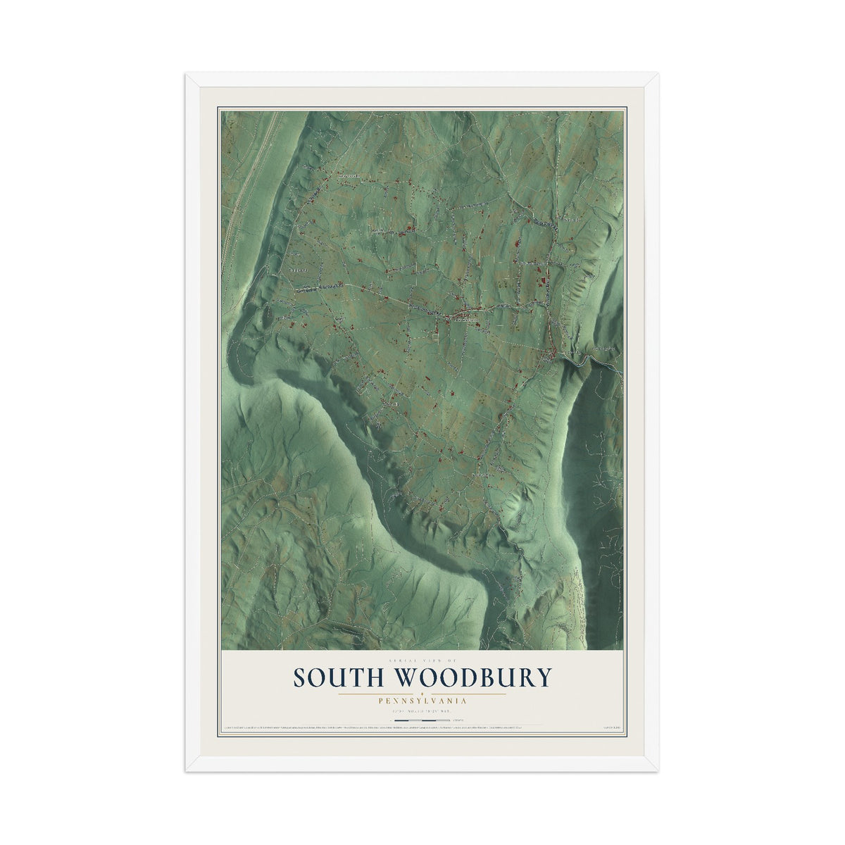 Map of South Woodbury, Pennsylvania, 12 x 18 inch print in a white wood frame