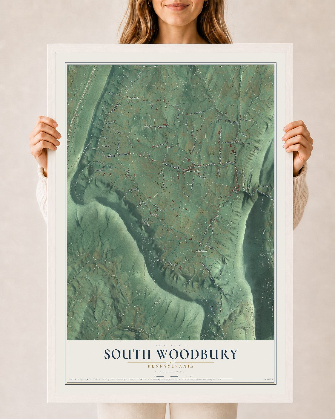 Map of South Woodbury, Pennsylvania, 24 x 36 inch print in a white wood frame