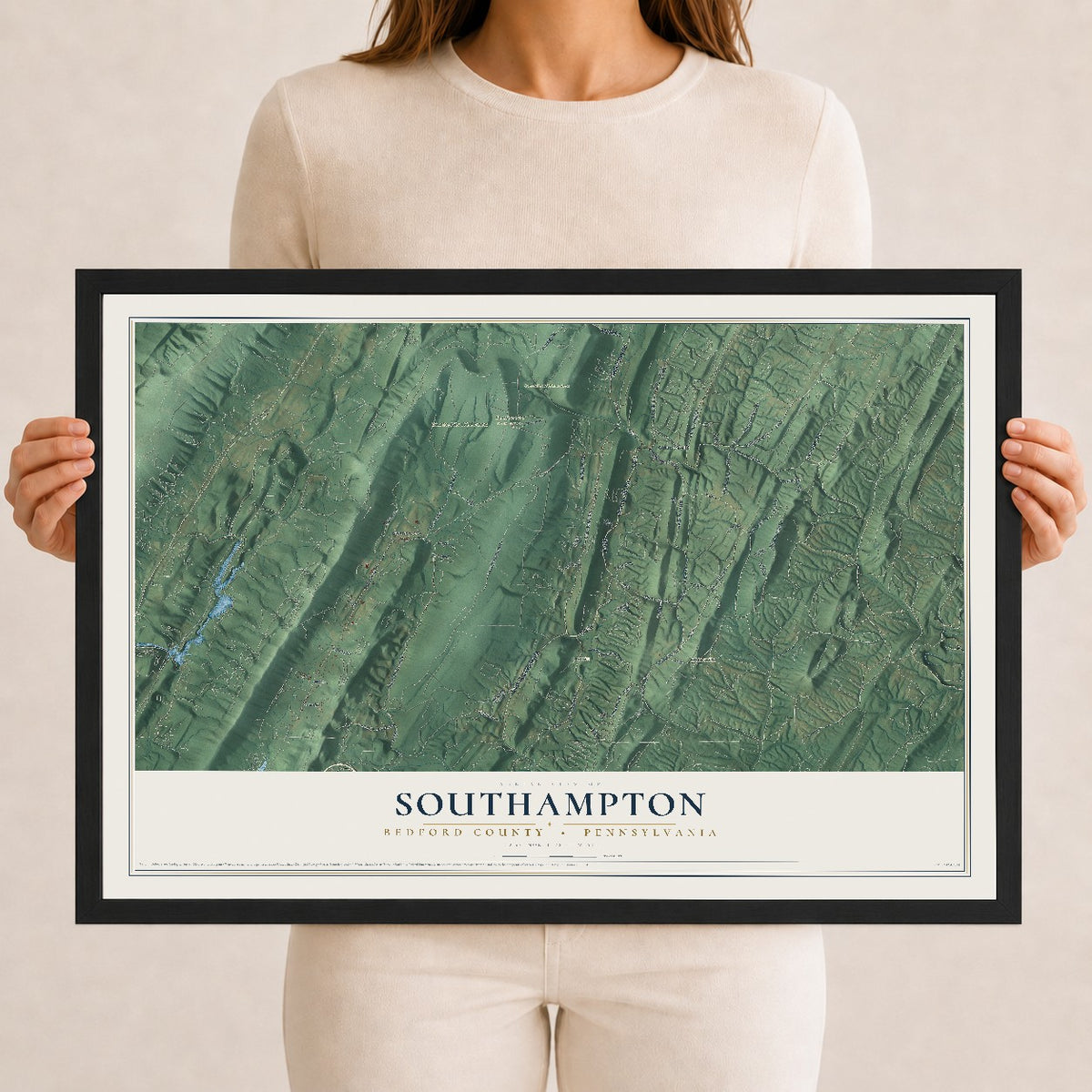 Map of Southampton, Bedford County, Pennsylvania, 12 x 18 inch print in a black wood frame