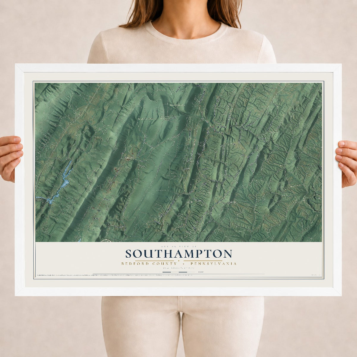 Map of Southampton, Bedford County, Pennsylvania, 18 x 24 inch print in a white wood frame