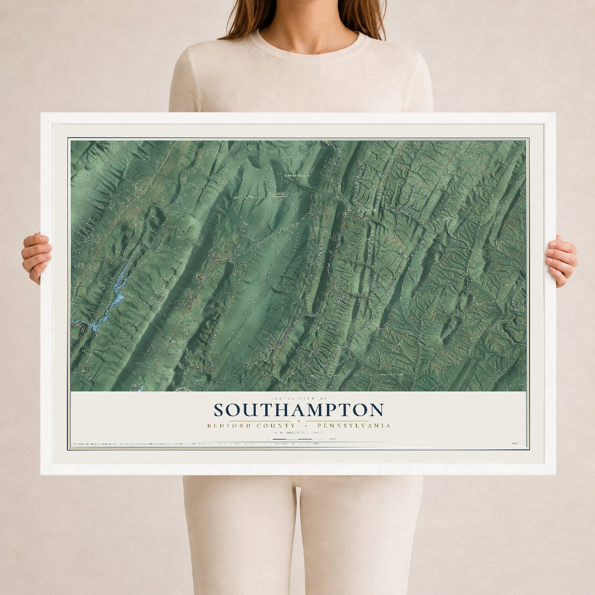 Map of Southampton, Bedford County, Pennsylvania, 24 x 36 inch print in a white wood frame