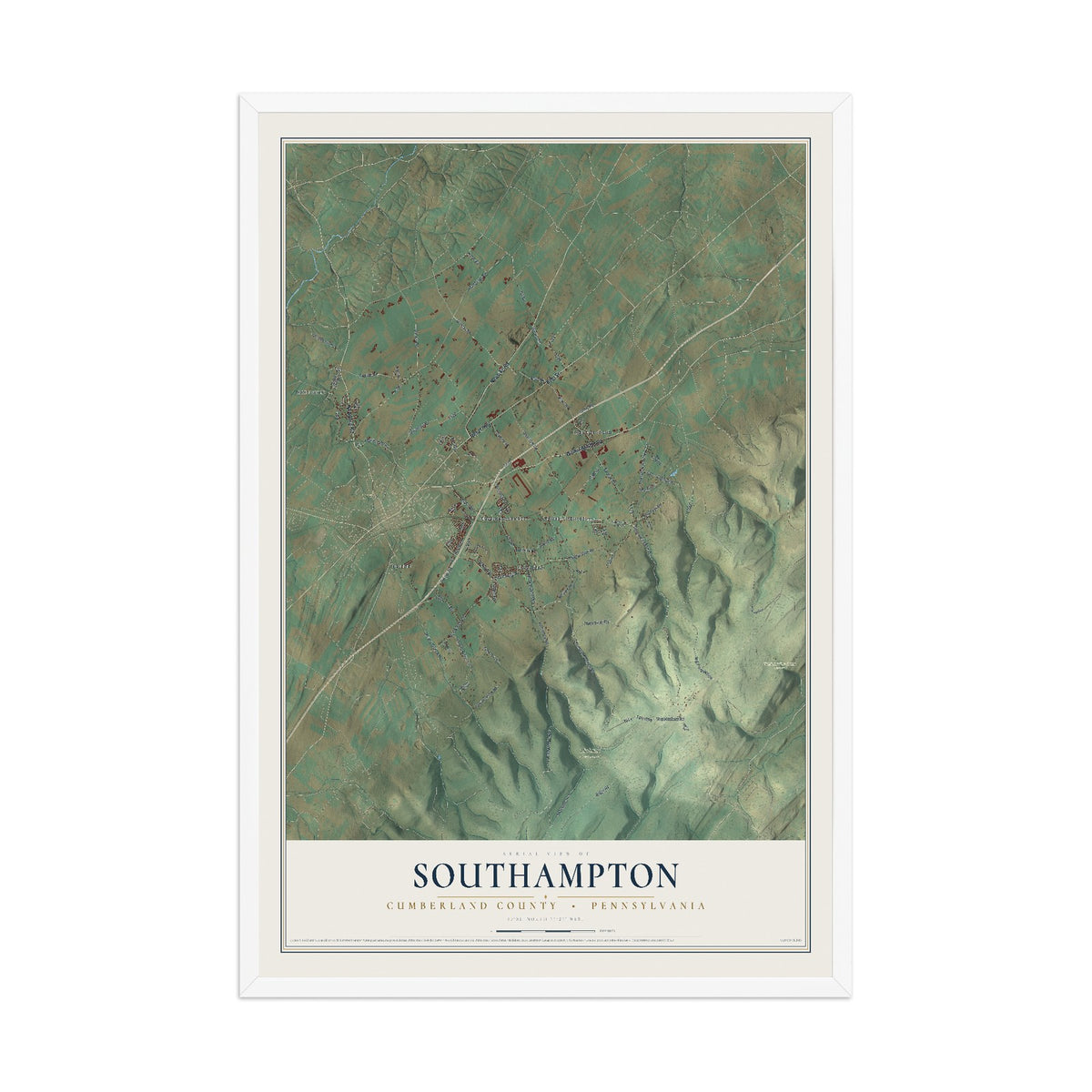 Map of Southampton, Cumberland County, Pennsylvania, 12 x 18 inch print in a white wood frame