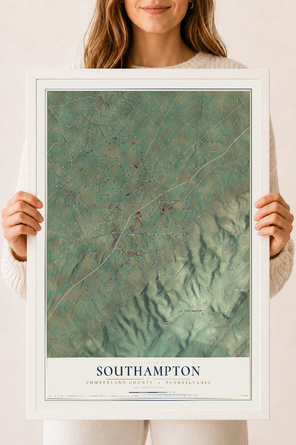 Map of Southampton, Cumberland County, Pennsylvania, 18 x 24 inch print in a white wood frame