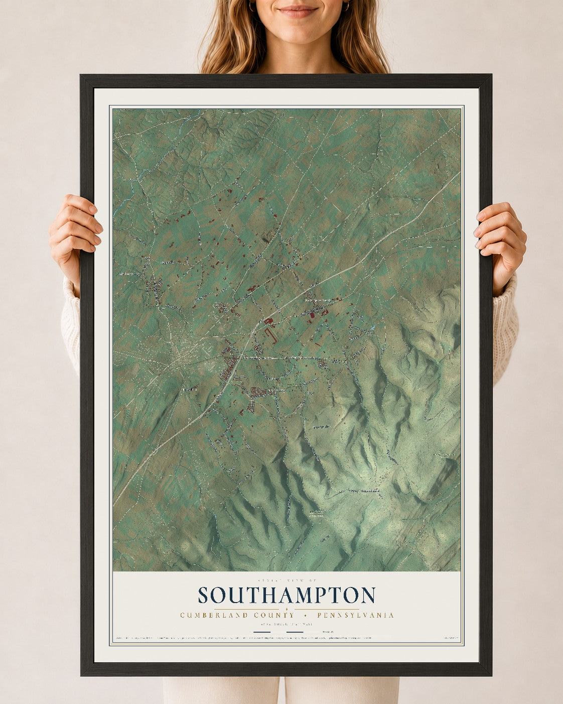 Map of Southampton, Cumberland County, Pennsylvania, 24 x 36 inch print in a black wood frame