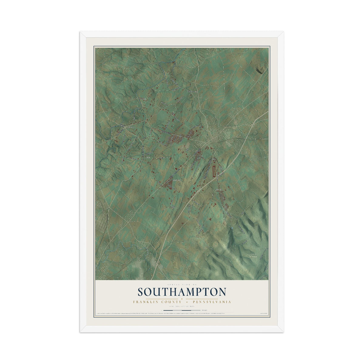 Map of Southampton, Franklin County, Pennsylvania, 12 x 18 inch print in a white wood frame