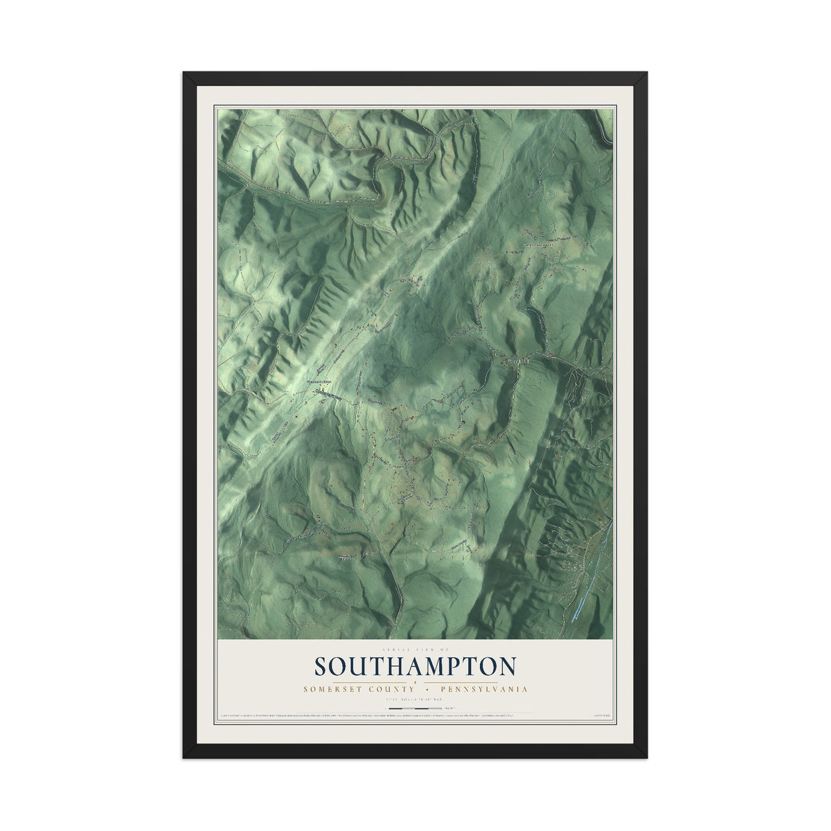 Map of Southampton, Somerset County, Pennsylvania, 12 x 18 inch print in a black wood frame