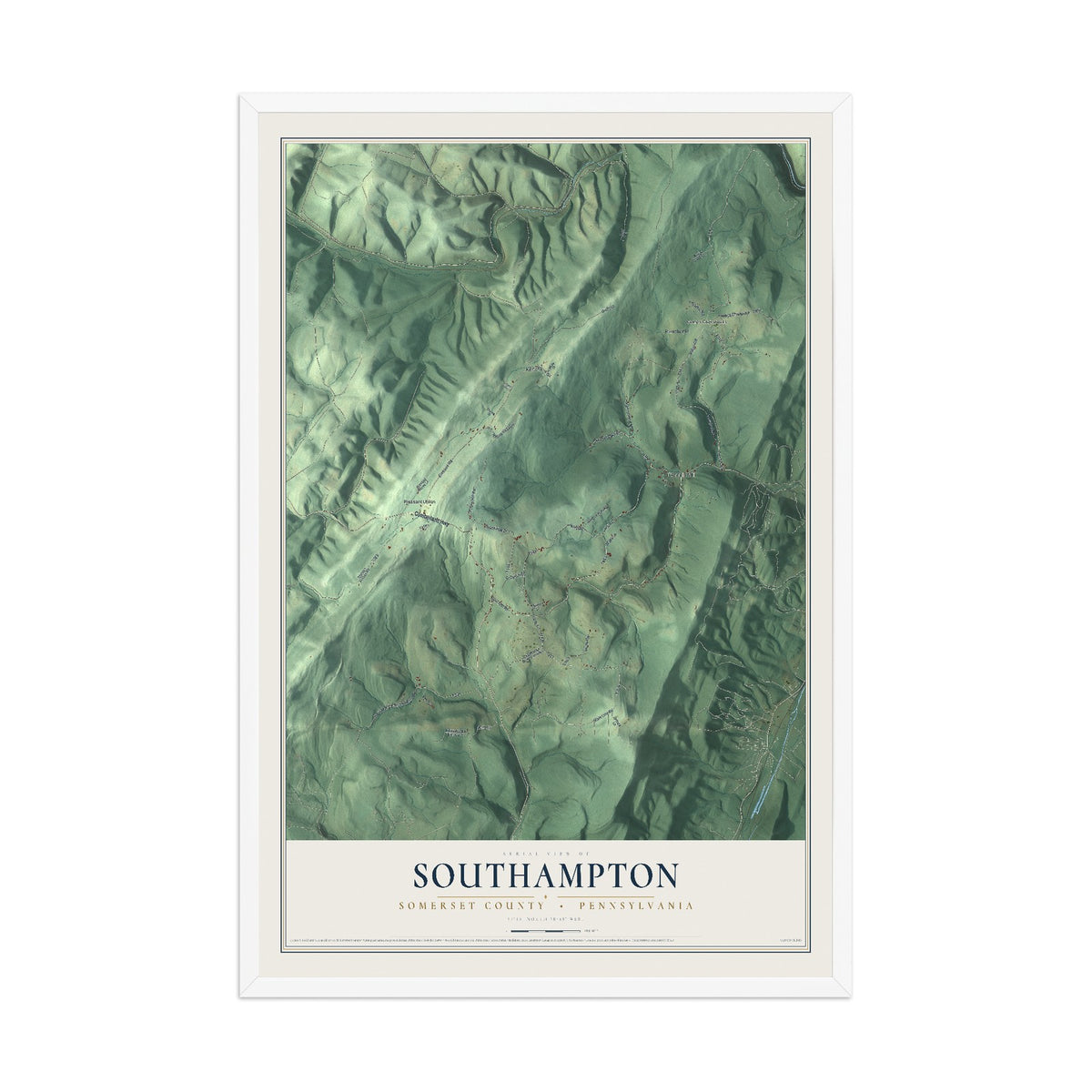 Map of Southampton, Somerset County, Pennsylvania, 12 x 18 inch print in a white wood frame
