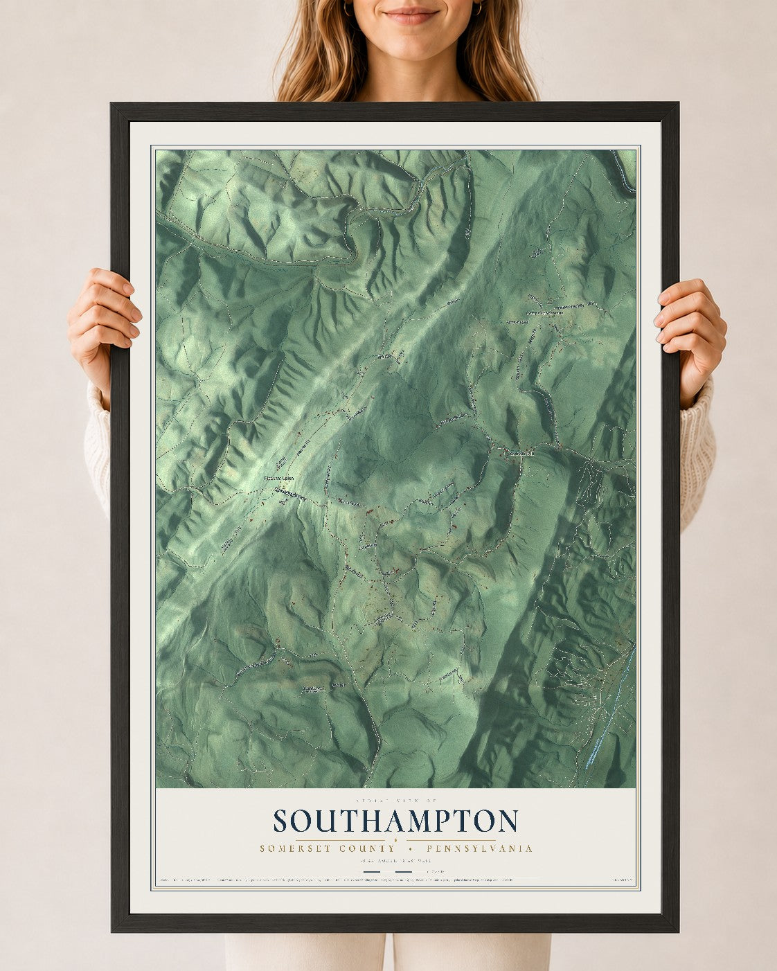 Map of Southampton, Somerset County, Pennsylvania, 24 x 36 inch print in a black wood frame