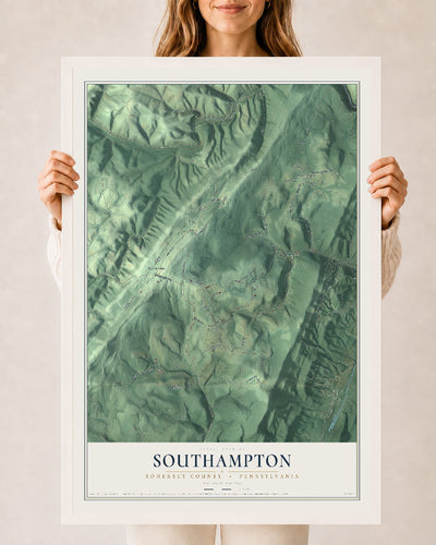 Map of Southampton, Somerset County, Pennsylvania, 24 x 36 inch print in a white wood frame