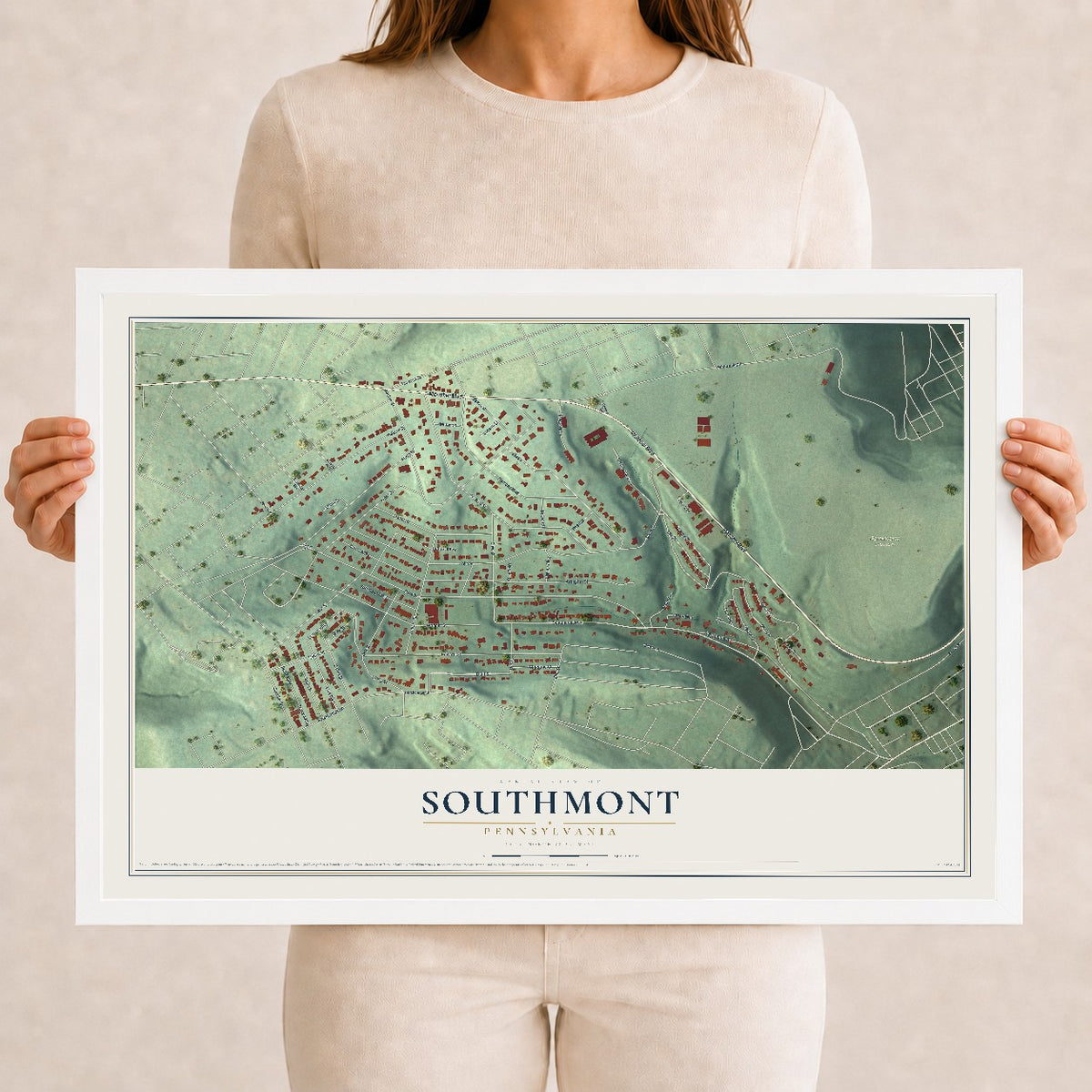 Map of Southmont, Pennsylvania, 12 x 18 inch print in a white wood frame