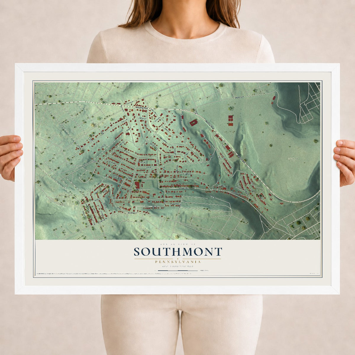 Map of Southmont, Pennsylvania, 18 x 24 inch print in a white wood frame
