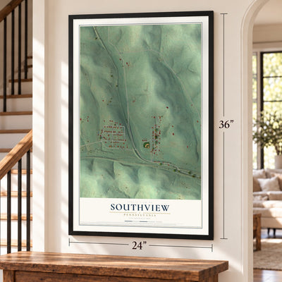 Southview, Pennsylvania map, 24 x 36 inch print in a black frame by a staircase