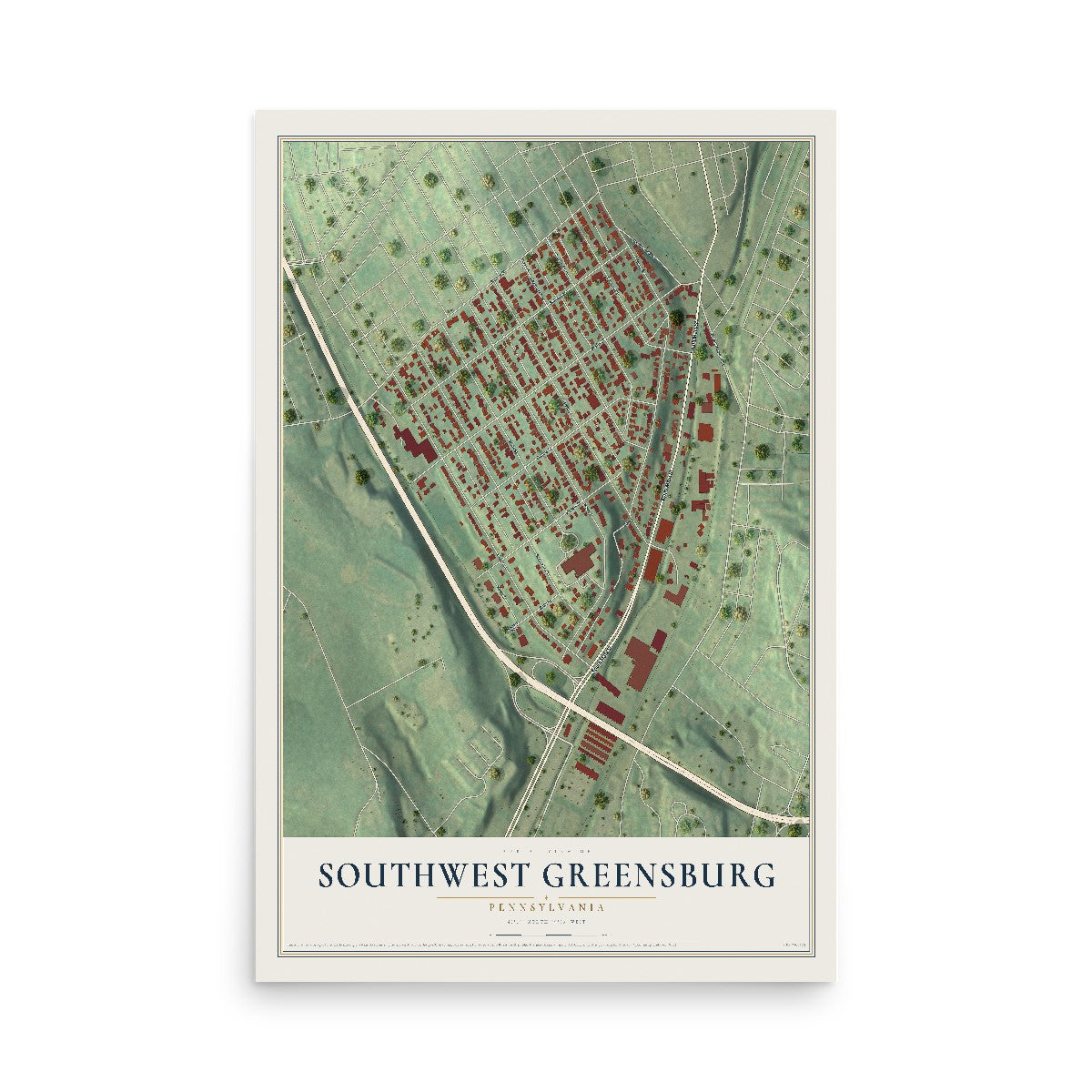 Map of Southwest Greensburg, Pennsylvania, 12 x 18 inch unframed archival matte print