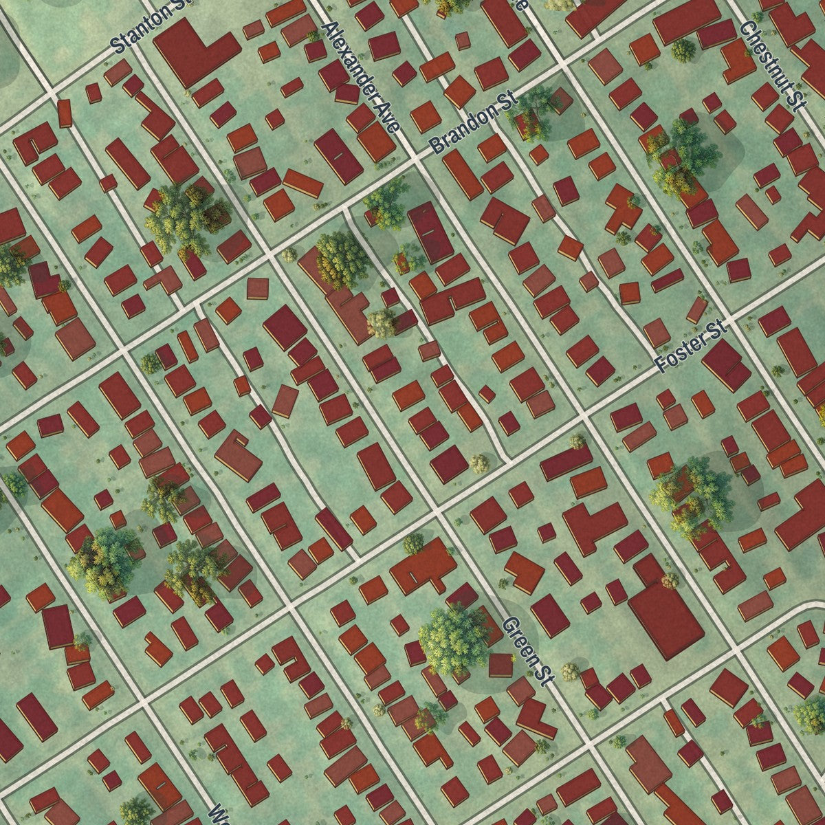 Close-up of the map of Southwest Greensburg, Pennsylvania print showing street and building detail