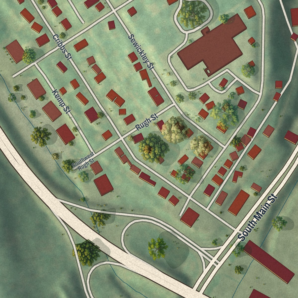 Second close-up of the map of Southwest Greensburg, Pennsylvania print showing more streets and buildings