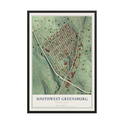 Map of Southwest Greensburg, Pennsylvania, 12 x 18 inch print in a black wood frame
