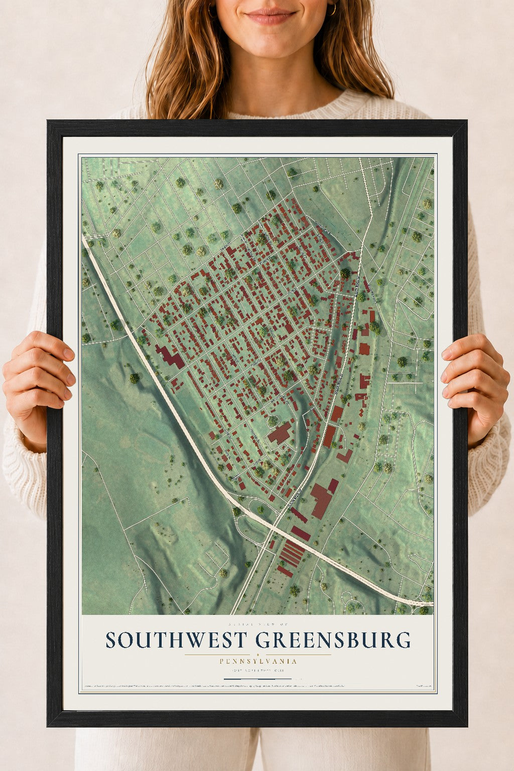 Map of Southwest Greensburg, Pennsylvania, 18 x 24 inch print in a black wood frame