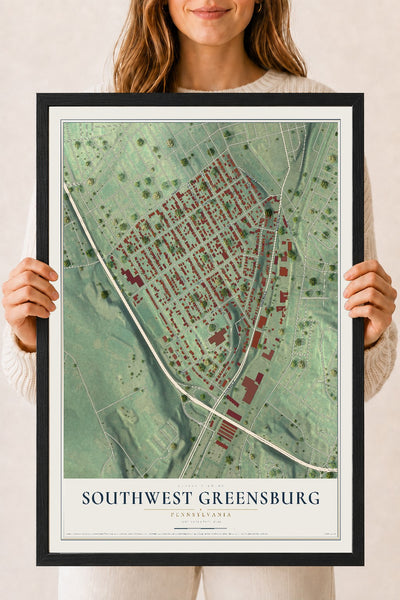 Map of Southwest Greensburg, Pennsylvania, 18 x 24 inch print in a black wood frame