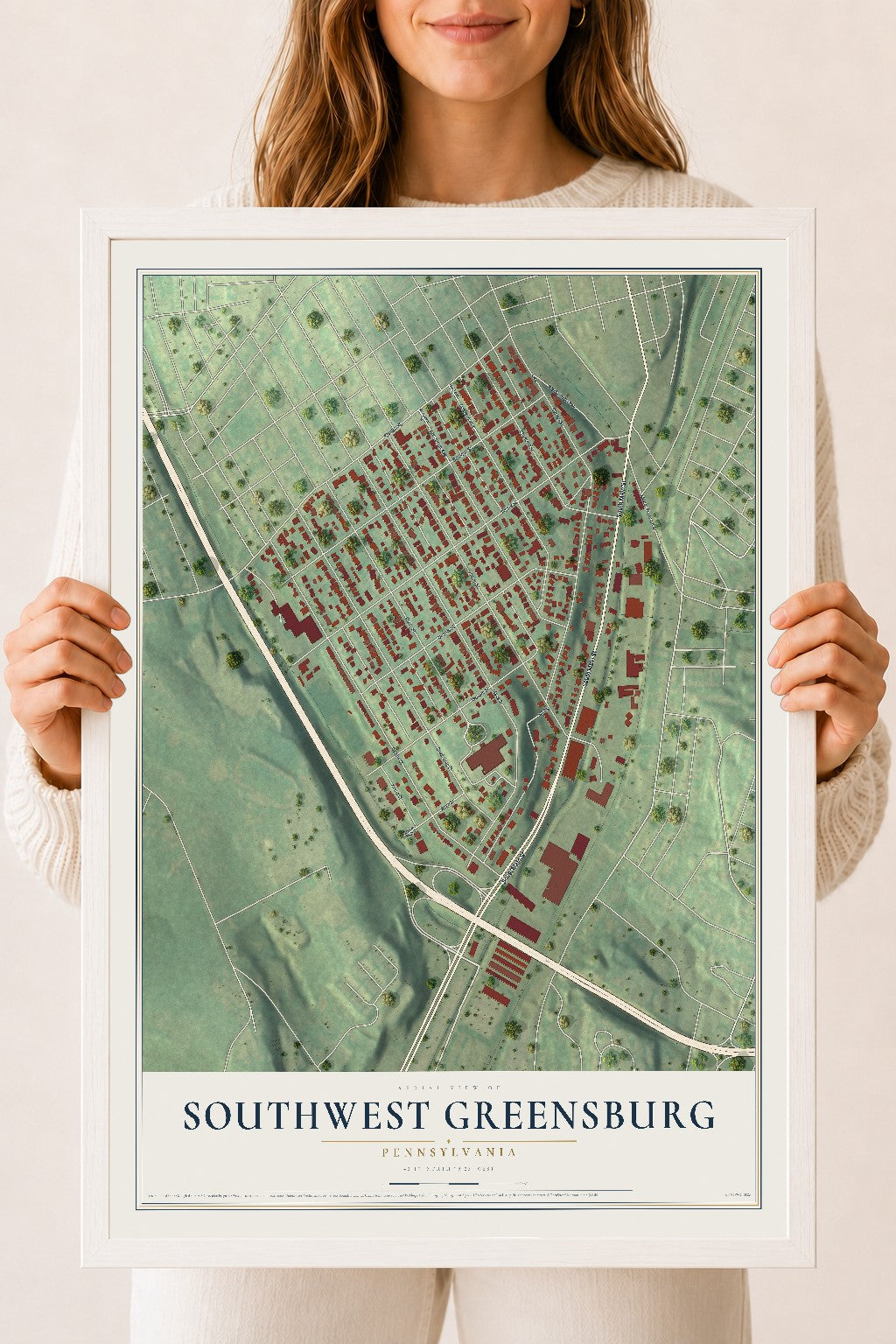 Map of Southwest Greensburg, Pennsylvania, 18 x 24 inch print in a white wood frame