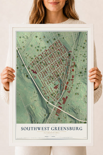 Map of Southwest Greensburg, Pennsylvania, 18 x 24 inch print in a white wood frame