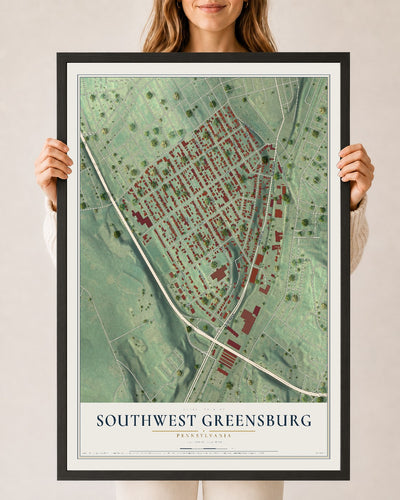 Map of Southwest Greensburg, Pennsylvania, 24 x 36 inch print in a black wood frame