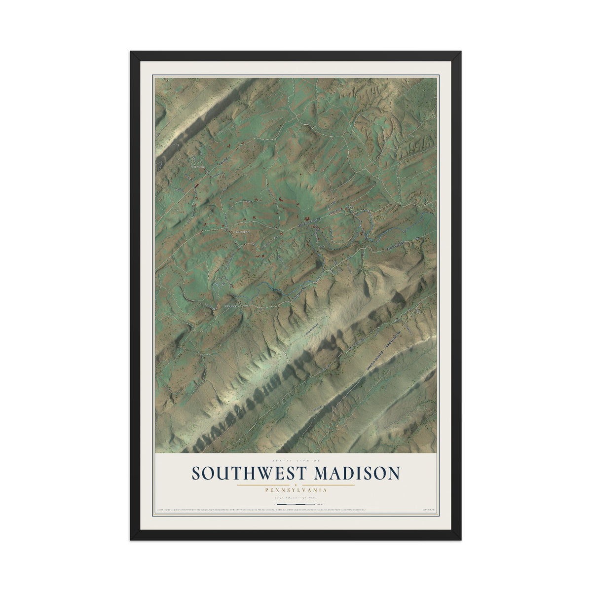 Map of Southwest Madison, Pennsylvania, 12 x 18 inch print in a black wood frame