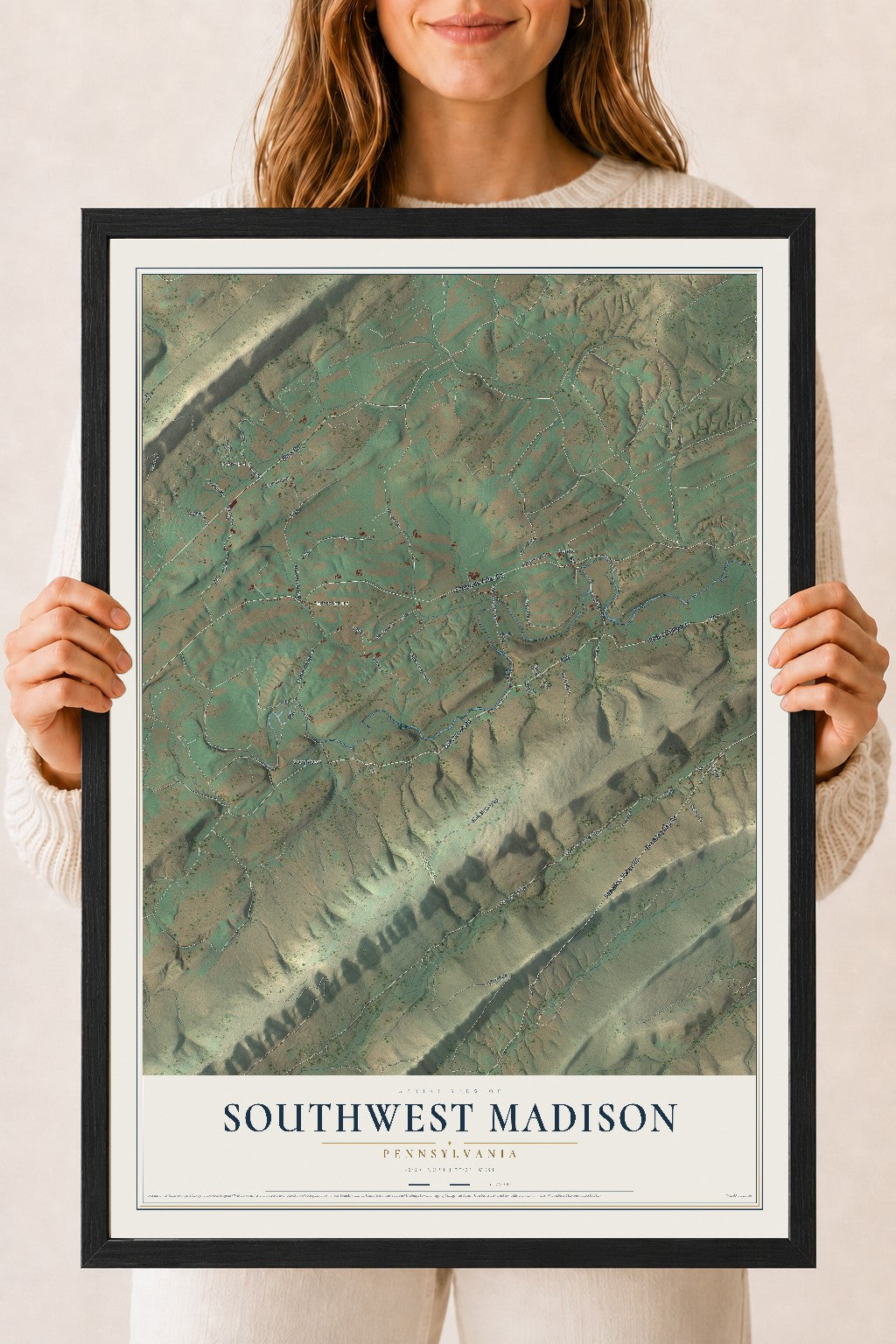 Map of Southwest Madison, Pennsylvania, 18 x 24 inch print in a black wood frame