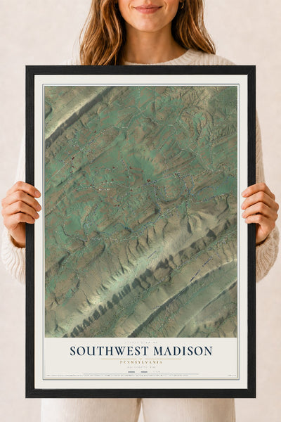 Map of Southwest Madison, Pennsylvania, 18 x 24 inch print in a black wood frame
