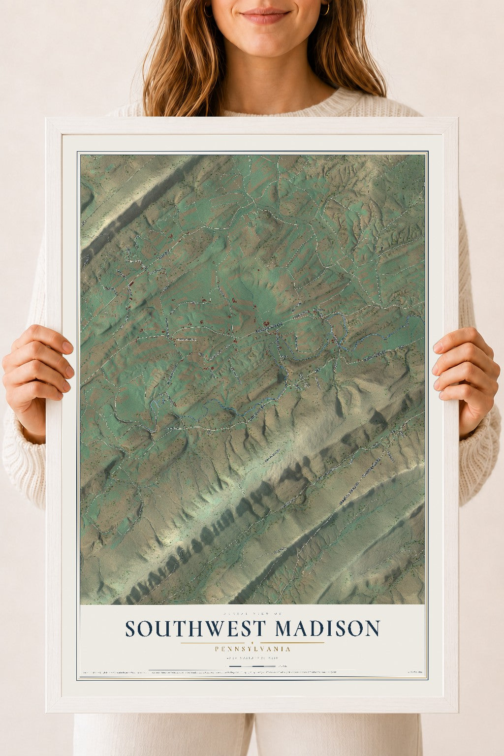 Map of Southwest Madison, Pennsylvania, 18 x 24 inch print in a white wood frame