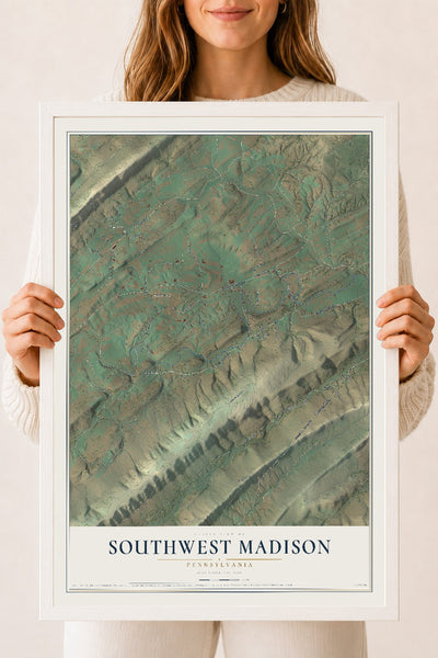 Map of Southwest Madison, Pennsylvania, 18 x 24 inch print in a white wood frame