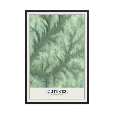 Map of Southwest, Pennsylvania, 12 x 18 inch print in a black wood frame