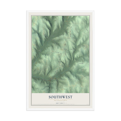 Map of Southwest, Pennsylvania, 12 x 18 inch print in a white wood frame