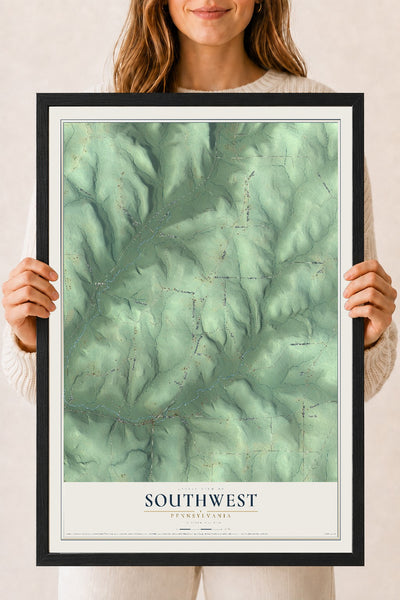 Map of Southwest, Pennsylvania, 18 x 24 inch print in a black wood frame