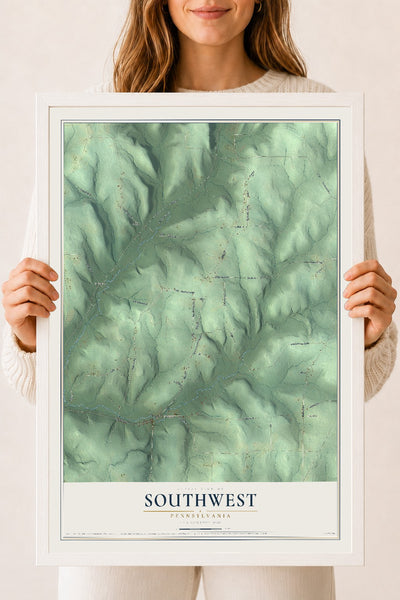 Map of Southwest, Pennsylvania, 18 x 24 inch print in a white wood frame